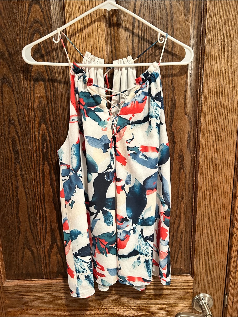 Daytrip White Halter Cami with Blue and Red Abstract Floral